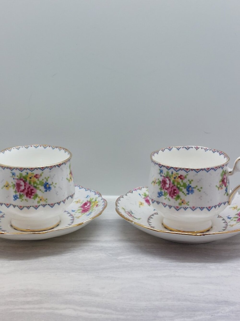 2 Vintage Royal Albert Petit Point China Tea Cup And Saucer Gold Trim
